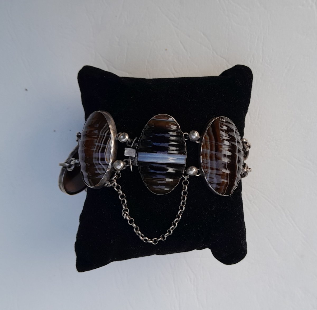 Silver Bracelet With Ribbon Agate Cabochons, Victorian Jewelry-photo-4