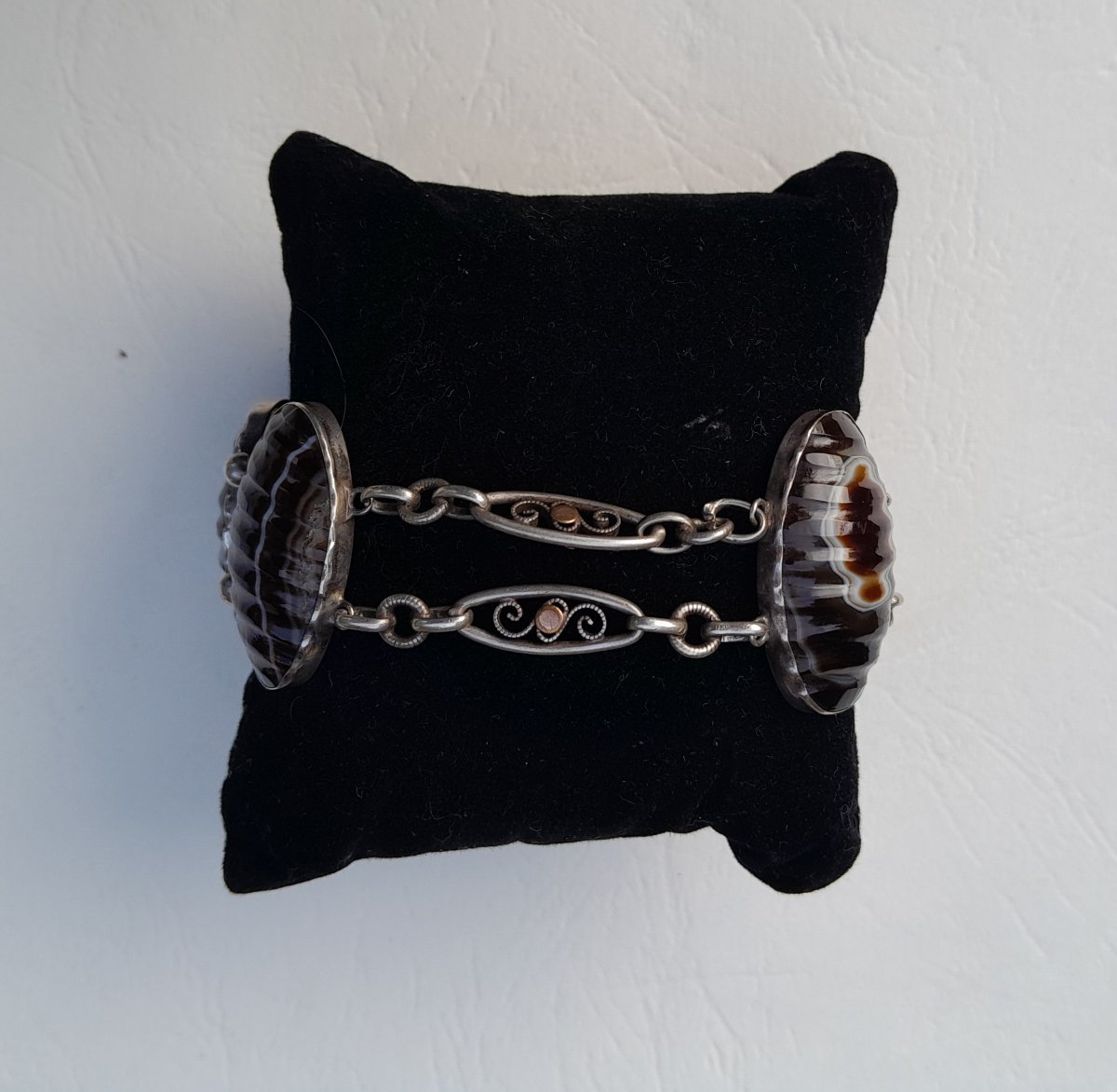 Silver Bracelet With Ribbon Agate Cabochons, Victorian Jewelry-photo-1