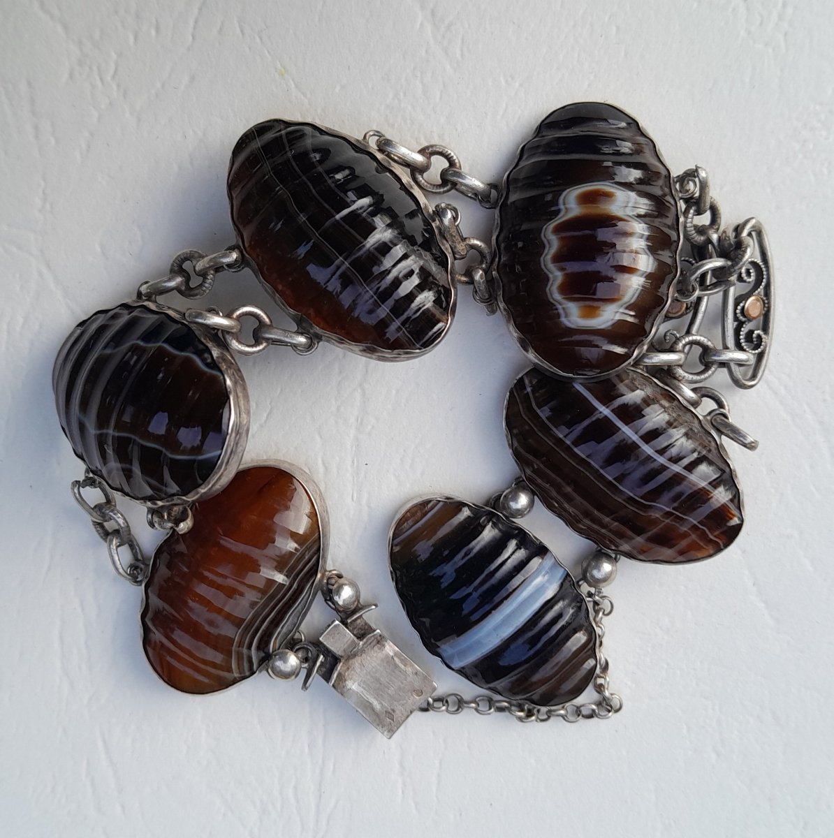 Silver Bracelet With Ribbon Agate Cabochons, Victorian Jewelry-photo-2