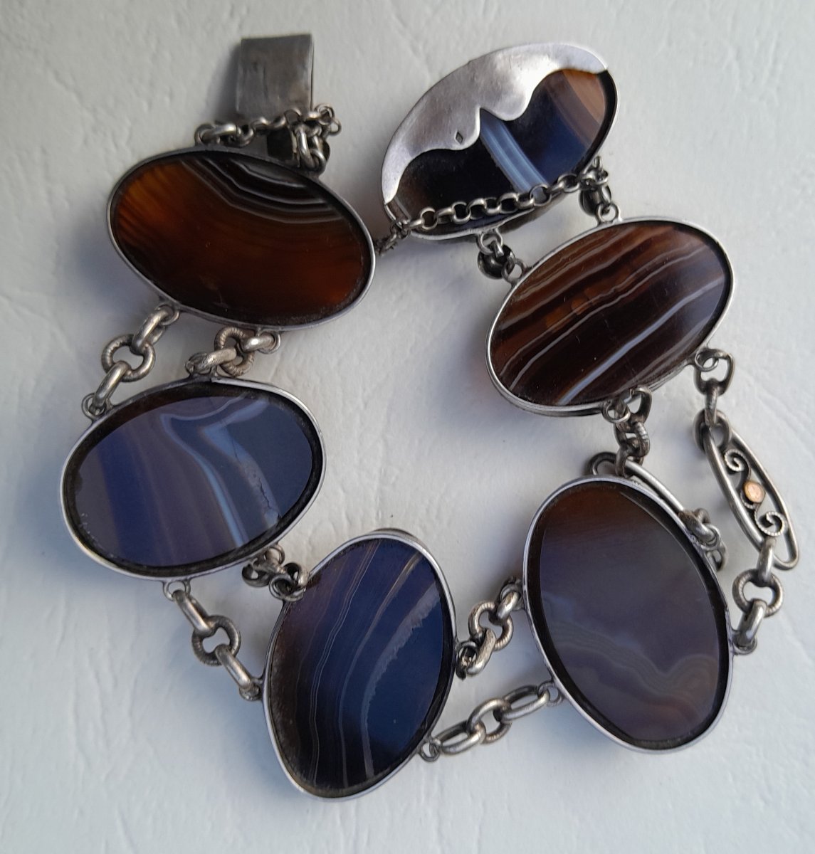 Silver Bracelet With Ribbon Agate Cabochons, Victorian Jewelry-photo-3