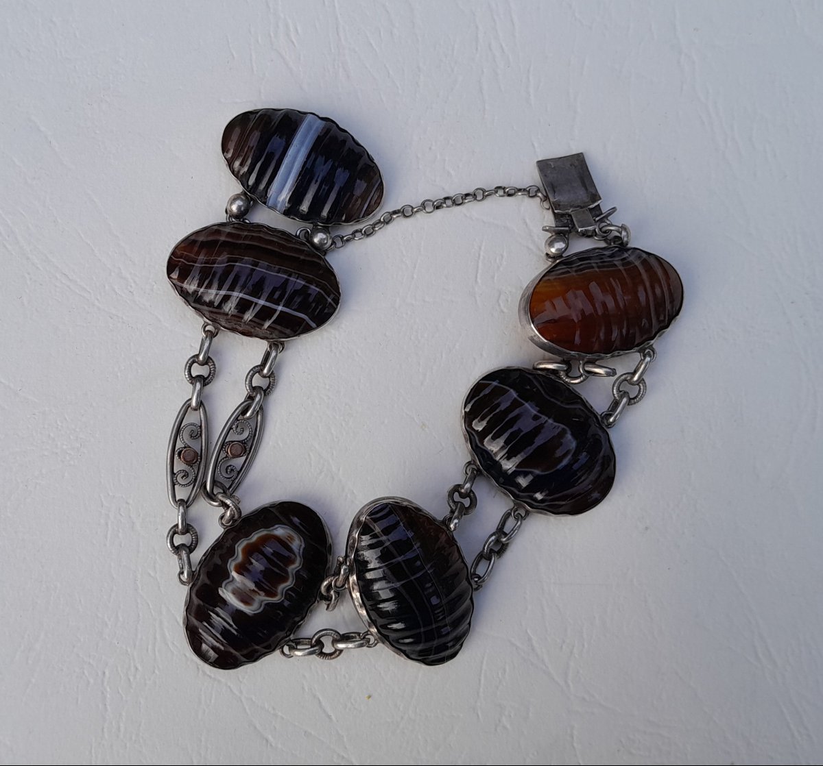 Silver Bracelet With Ribbon Agate Cabochons, Victorian Jewelry-photo-4