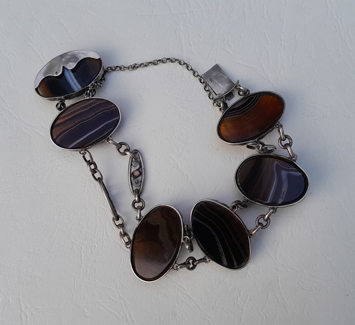 Silver Bracelet With Ribbon Agate Cabochons, Victorian Jewelry-photo-5