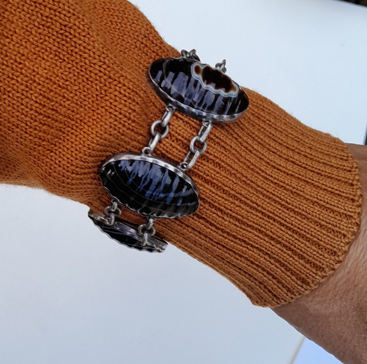Silver Bracelet With Ribbon Agate Cabochons, Victorian Jewelry