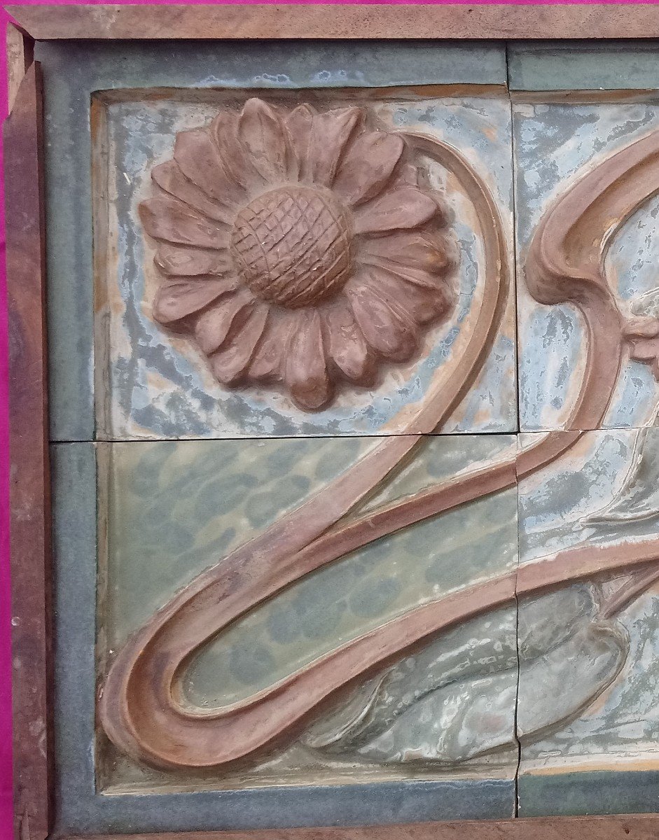 Panneau haut-de-porte extérieur en grès art nouveau à décor de tournesols-photo-4