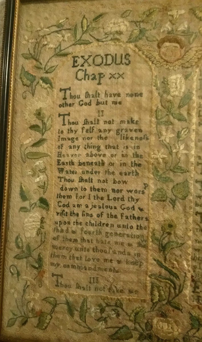 Very Old English Sampler / Needlework - Old Testament - 10 Commandments-1749-photo-3