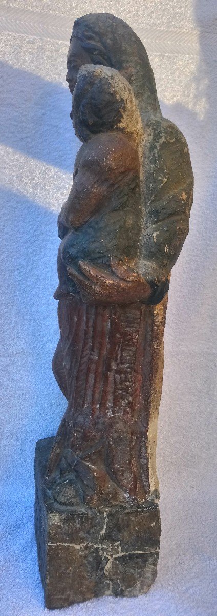 Statue En Pierre Polychrome XVIIè Vierge à L’enfant - Prière Contre La Peste-photo-1