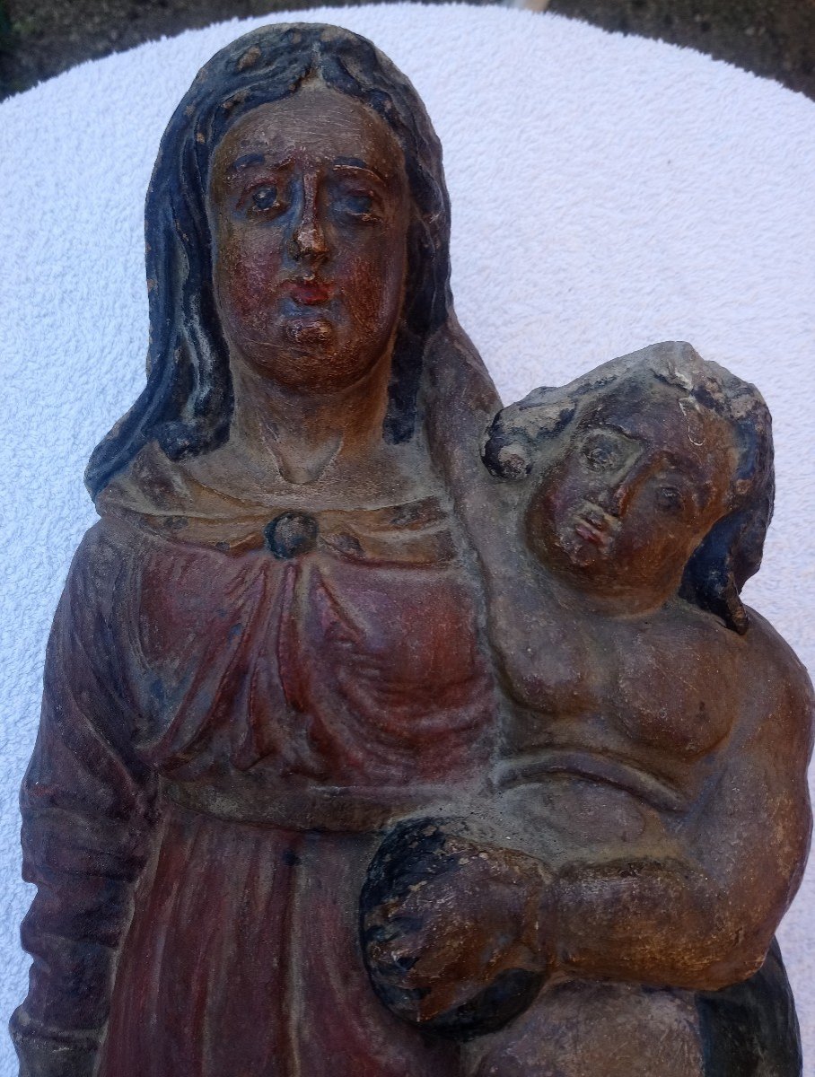 Statue En Pierre Polychrome XVIIè Vierge à L’enfant - Prière Contre La Peste