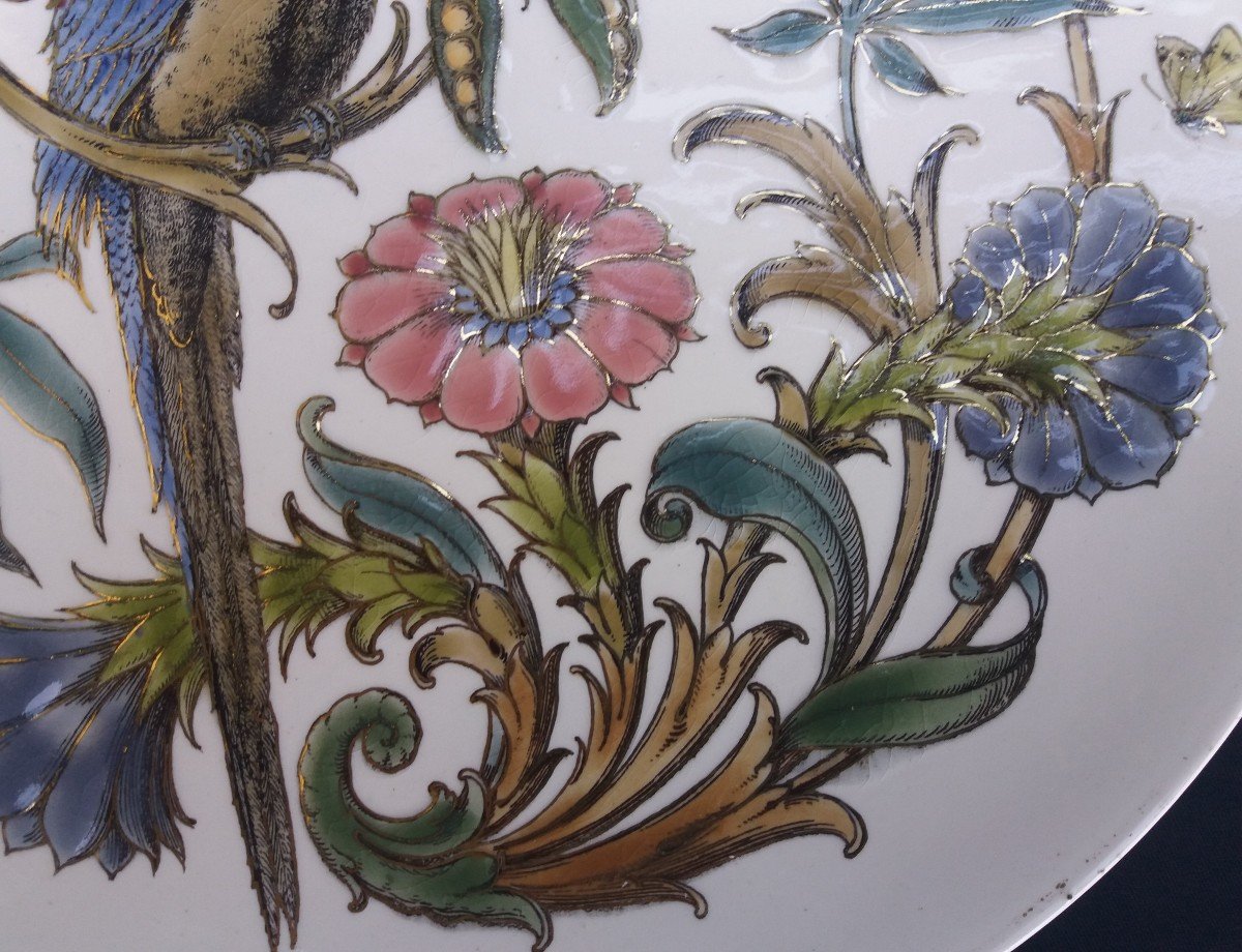 Plat Art Nouveau en faïence décor émaillé au perroquet et papillons-Keller & Guérin Lunéville-photo-3