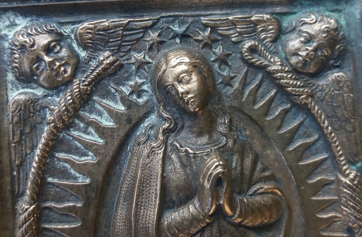 Plaquette De Dévotion En Bronze - La Vierge Marie Entourée d'Anges - Fin XVIIè -photo-2