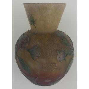 Daum Vase With Wild Roses Acid-edged And Enameled Decor On Marmoreal Glass
