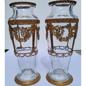 Paire De Vases  en cristal attribués à Baccarat XIXème - Monture En Bronze  Doré