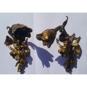 Pair Of Art Nouveau Floral Sconces In Gilt Bronze - "tulips"