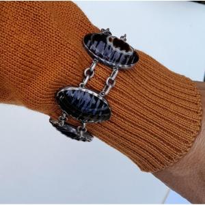 Silver Bracelet With Ribbon Agate Cabochons, Victorian Jewelry