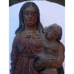 Statue En Pierre Polychrome XVIIè Vierge à L’enfant - Prière Contre La Peste