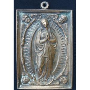 Bronze Devotional Plaque Assomption-the Virgin Mary Surrounded By Angels - Late 17th Century