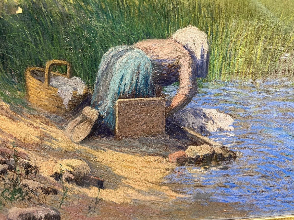 H RAGNEAU (XX -ème siècle ) lavandière en bord de rivière -photo-2