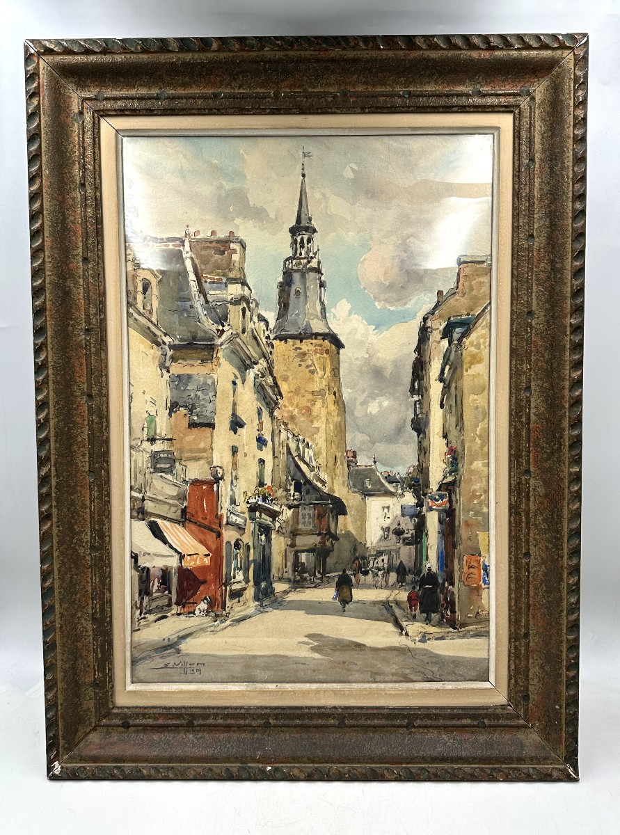 Eugène VILLON  (1879-1951)  Dinan rue de la tour de l'horloge 