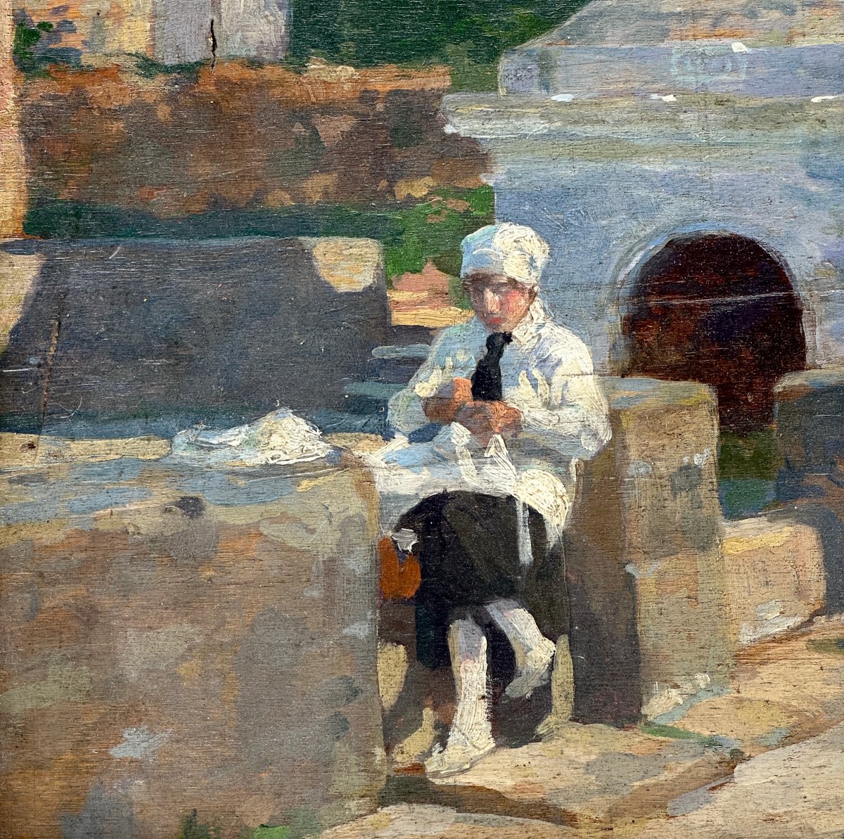 Late 19th-century Eastern European School, "seamstress By The Well," Oil On Panel-photo-2