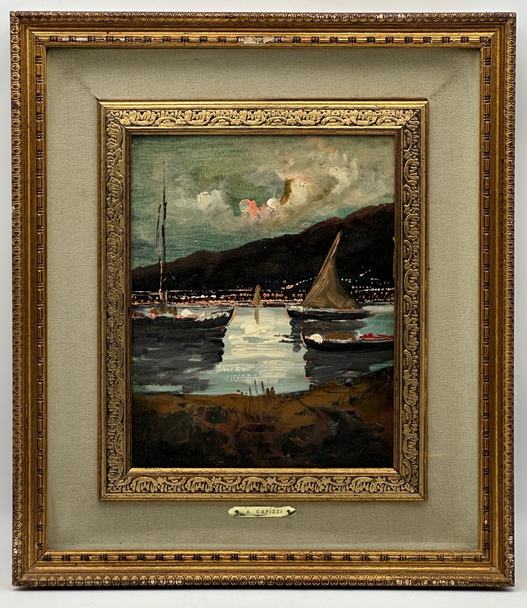 "the Moored Sailboats" By A. Capizzi, Oil On Canvas