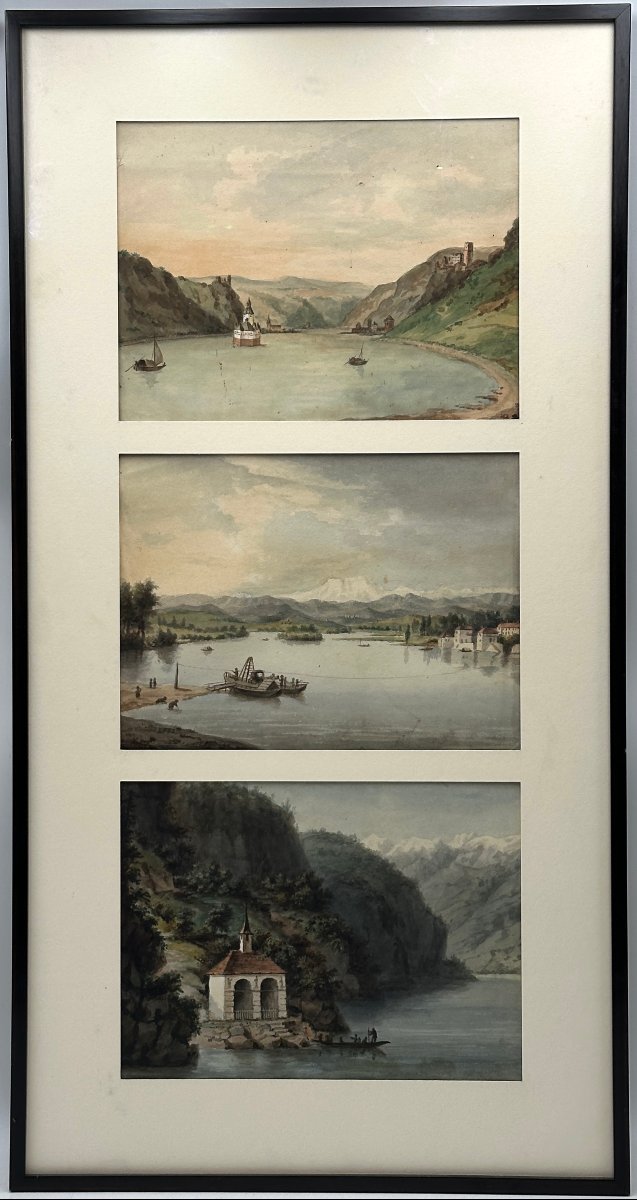 Suite de trois dessins à l'aquarelle, Ecole Suisse ou Allemande, XIX ème