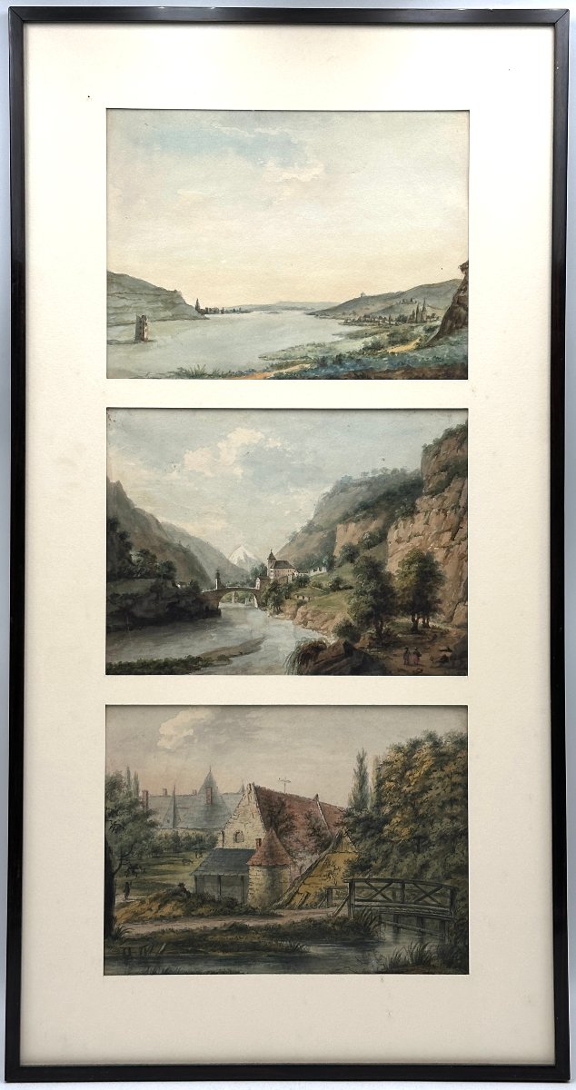3 Watercolor Drawings, Swiss Or German School, 19th Century