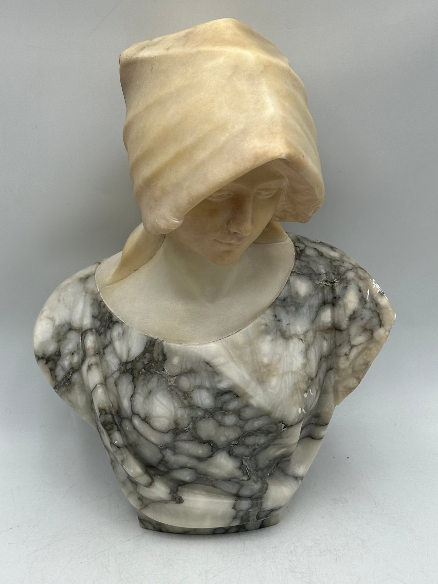 Gugliemo PUGI (1850-1915), Buste de femme au voile, sculpture en albâtre.-photo-2