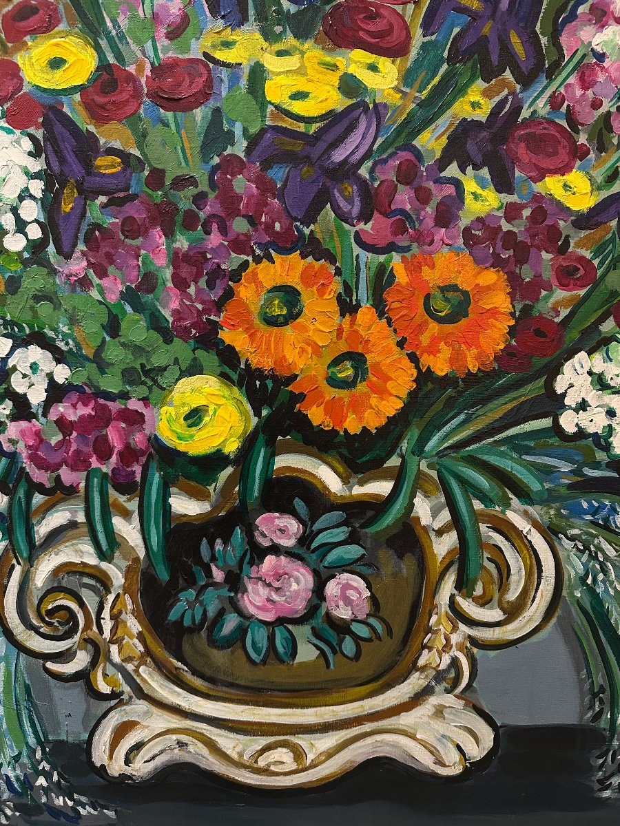 Vincent ROUX , Composition floral, Huile sur toile. XXème-photo-4