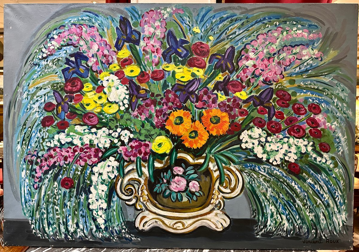 Vincent ROUX , Composition floral, Huile sur toile. XXème