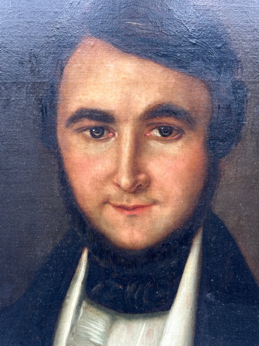 Portrait d'homme au gilet blanc, huile sur toile.  époque XIX ème-photo-3