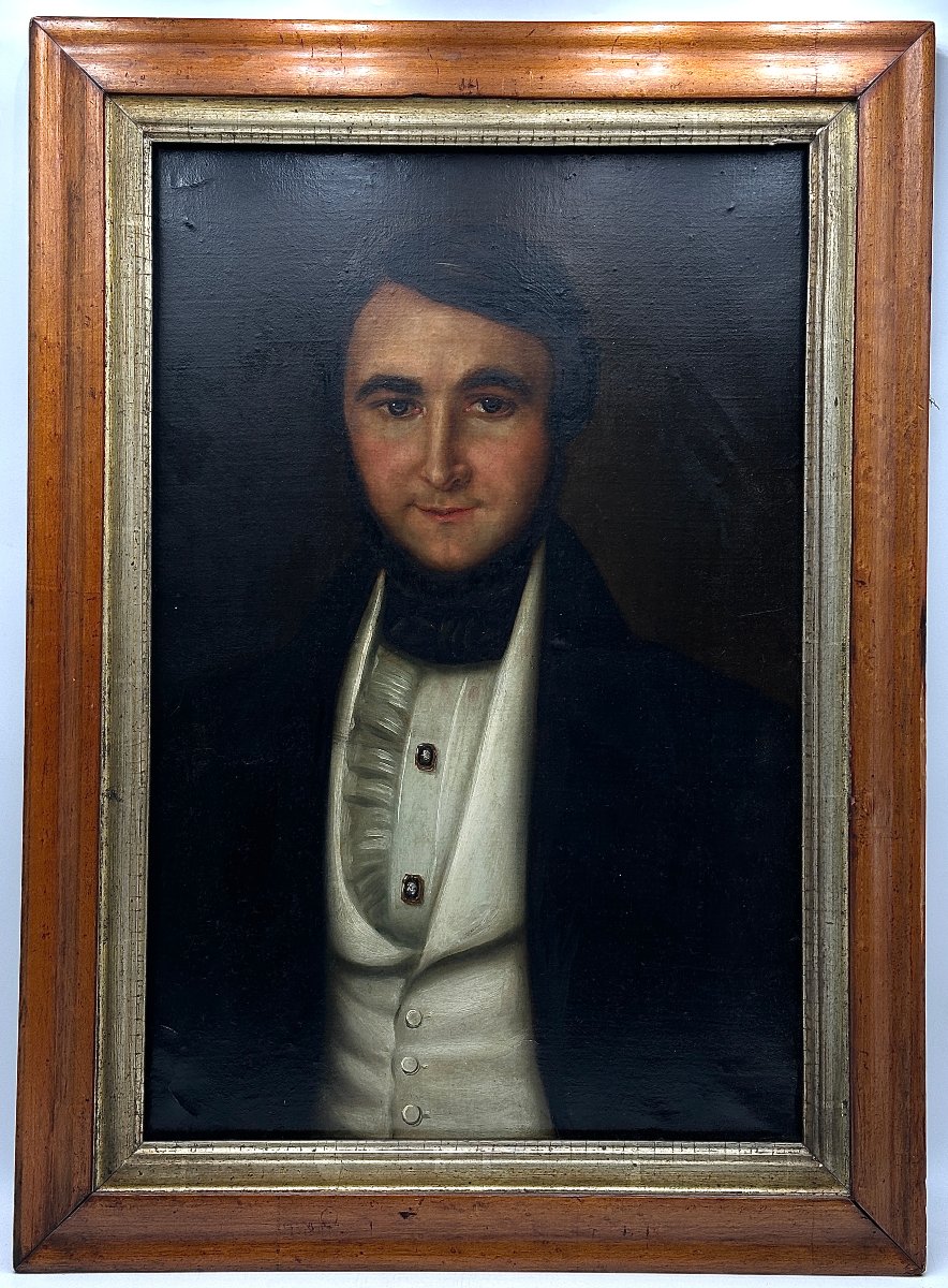 Portrait d'homme au gilet blanc, huile sur toile.  époque XIX ème