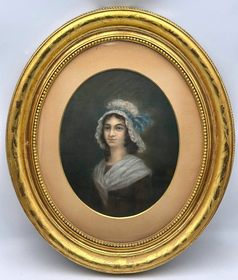 Ecole française du XIXème, Portrait de femme au bonnet, pastel