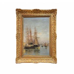 Johannes  GRIMELUND (1842-1917) " bateaux amarés au port" huile sut toile  signée en bas à gauche.