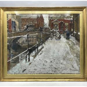  Vue de Bruges en hiver huile sur toile signée Luigini