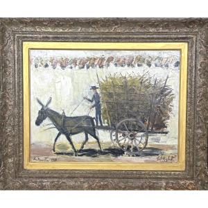 Edouard RIGHETTI (1924-2001) "attelage à la charette de foin"