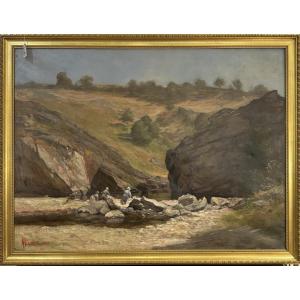 LAURENS ( école fin XIX début XX ème ) Lavandières dans un paysage valloné et rocheux 