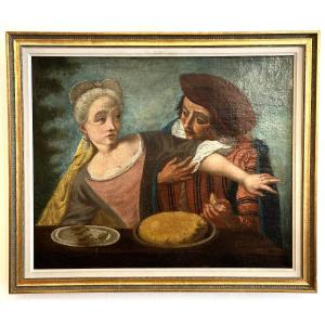 Sganarelle Gourmand, école française dans le gout du XVIIIème, huile sur toile.