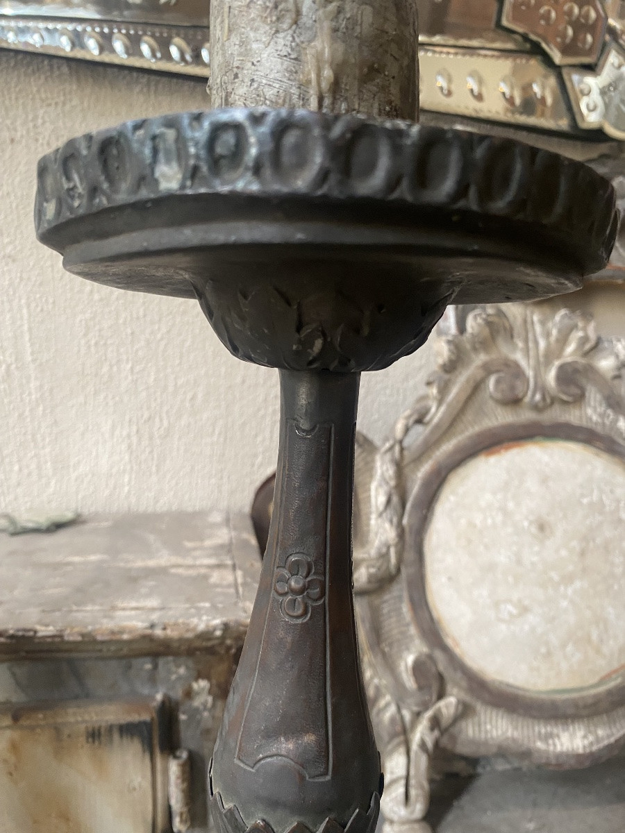 Pair Of Embossed Copper Candelabra-photo-3