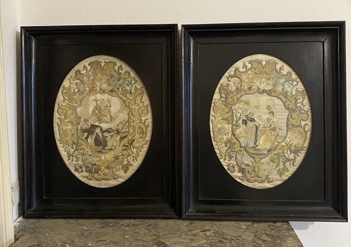 Antique Pair Of Silk Embroidery Pieces 