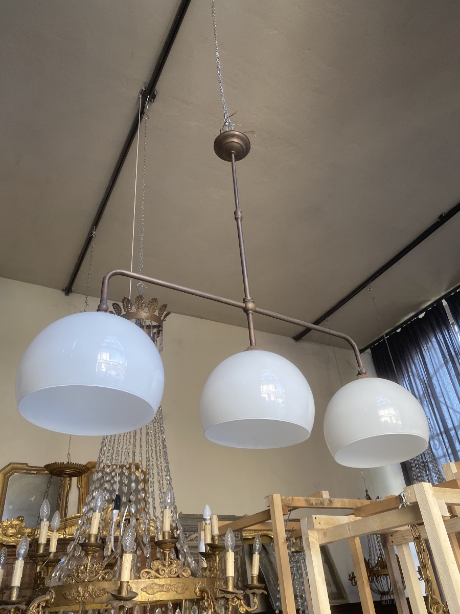Brass And Opal Glass Chandelier-photo-2