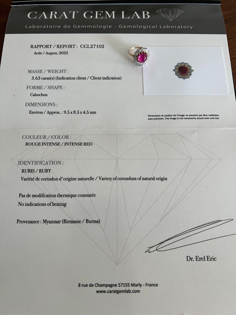 Bague Rubis Birman Non Chauffé 3.63 Carats Diamants Platine Or Jaune (certificat)-photo-1