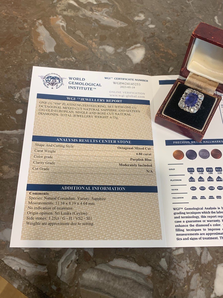 Certified 4.66 Carats Unheated Ceylon Sapphire Diamonds Platinum Ring-photo-1