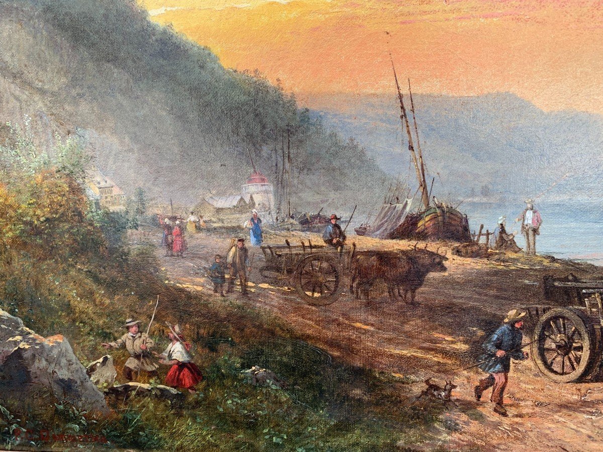 Landscape - Fishermen At The Edge Of A Lake Signed Dommersen-photo-2