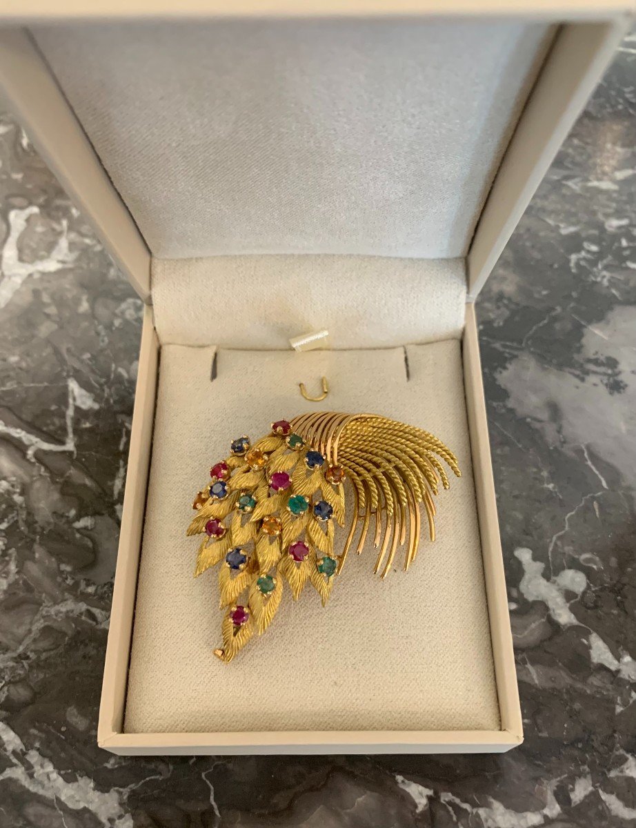 Retro Tutti Frutti 18k Yellow Gold Leaf Brooch-photo-2