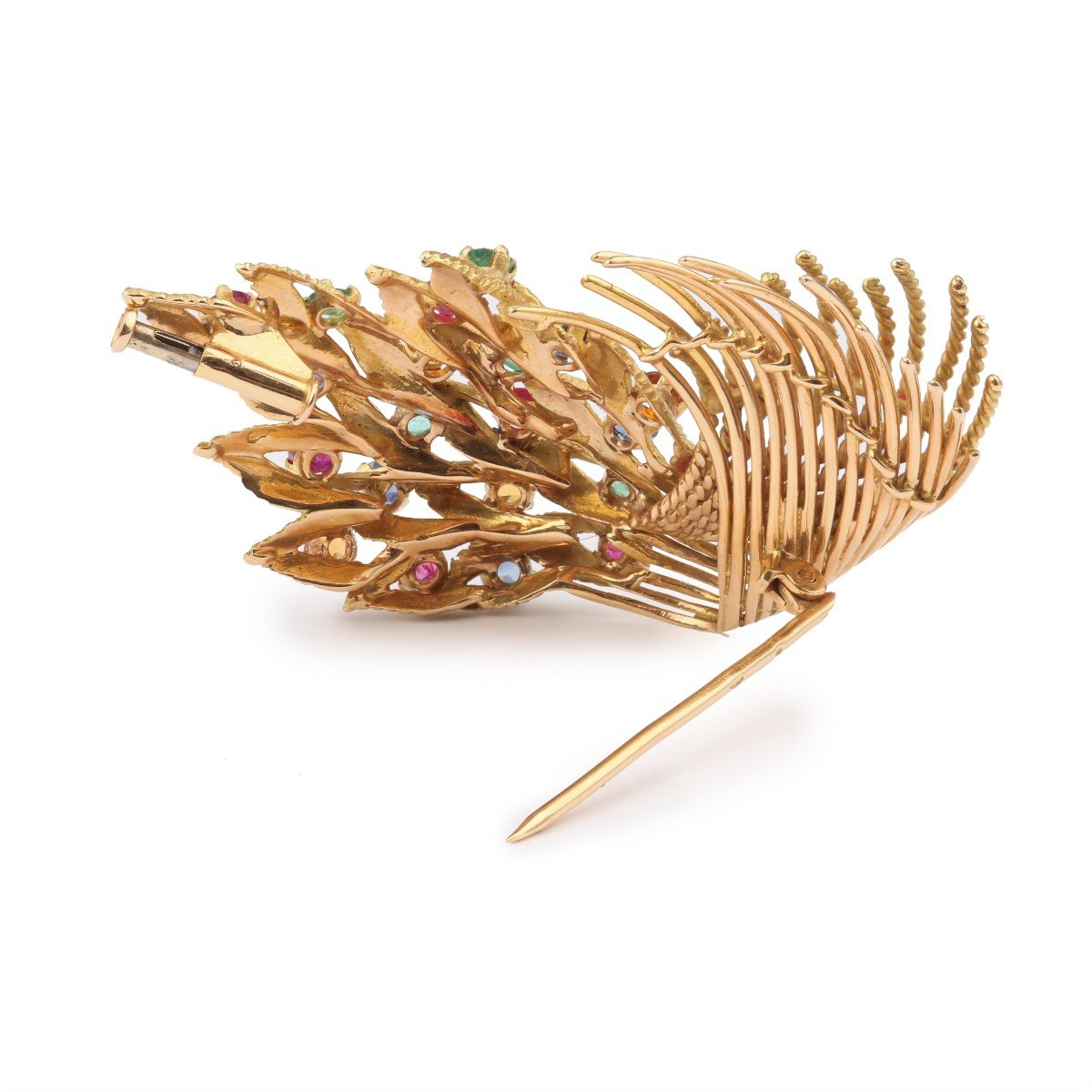 Retro Tutti Frutti 18k Yellow Gold Leaf Brooch-photo-4