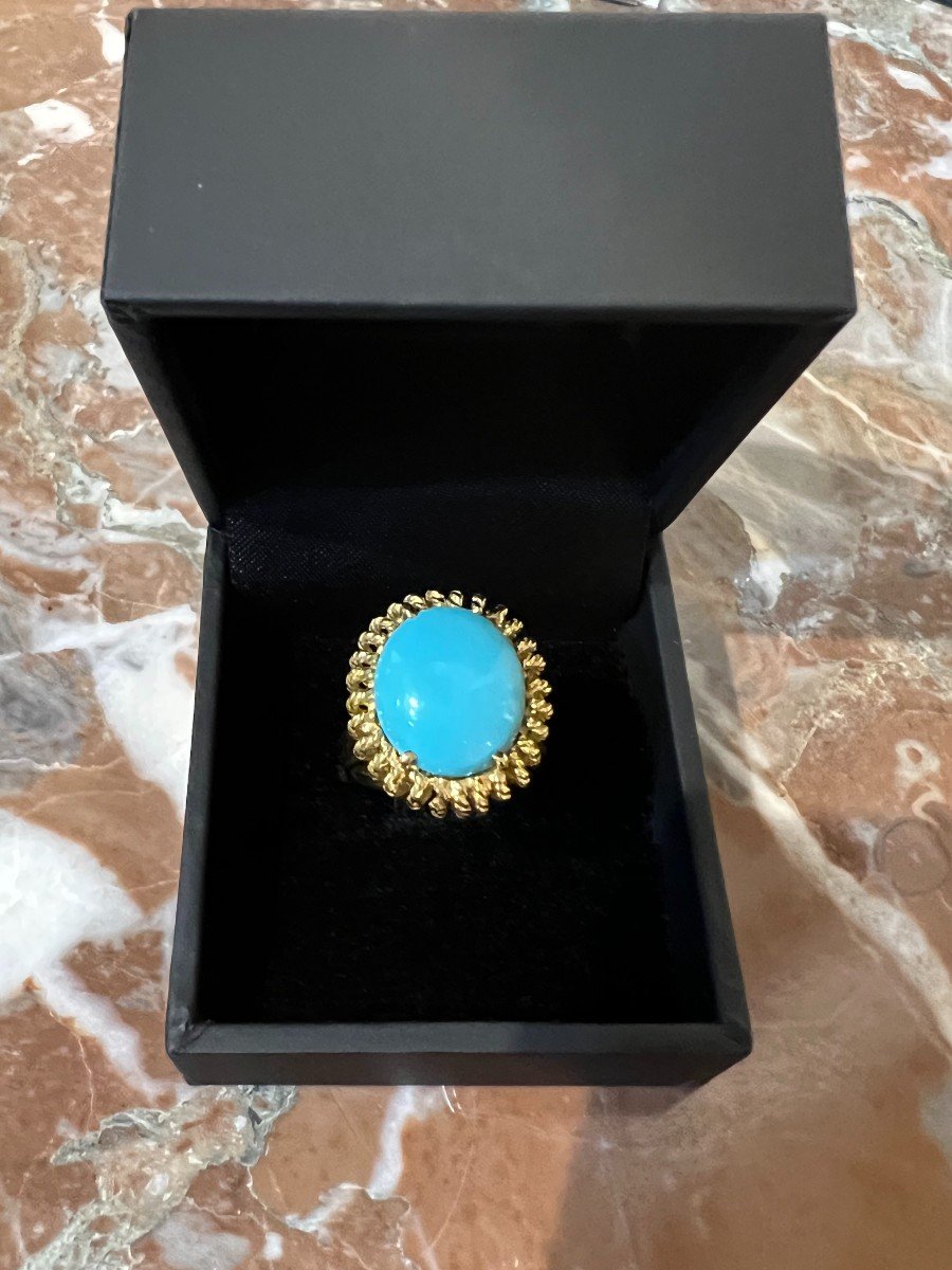 Bague Oursin Vintage Cabochon Turquoise Or Jaune 18 Carats-photo-2