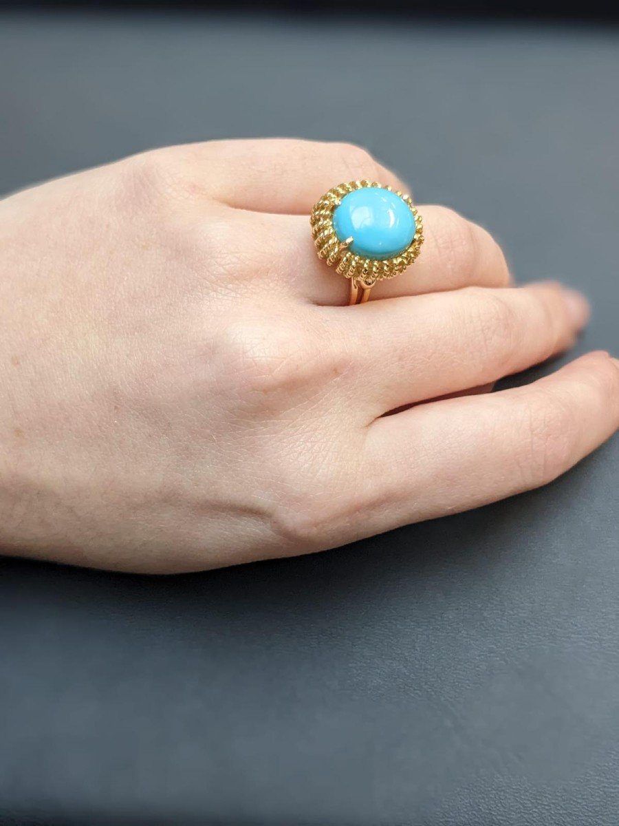 Bague Oursin Vintage Cabochon Turquoise Or Jaune 18 Carats-photo-3