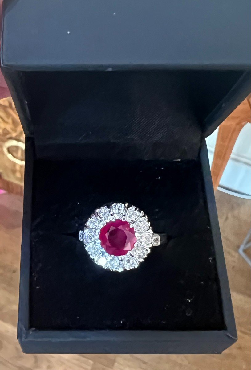 Bague Marguerite Rubis Birman 2 Carats Diamants Platine Or Gris 18 Carats (certificat)-photo-3