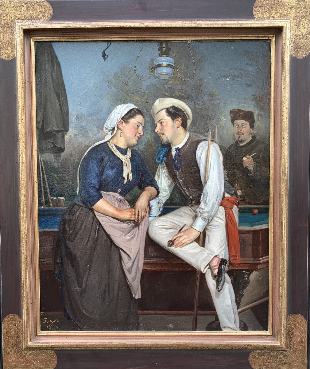 Scene Galante Dans Un Cafe, Huile Sur Toile Signée Rigot Et Datée 1874-photo-2