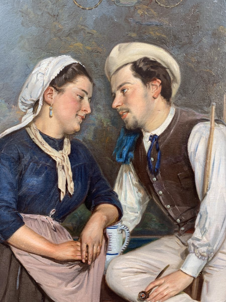 Scene Galante Dans Un Cafe, Huile Sur Toile Signée Rigot Et Datée 1874-photo-3