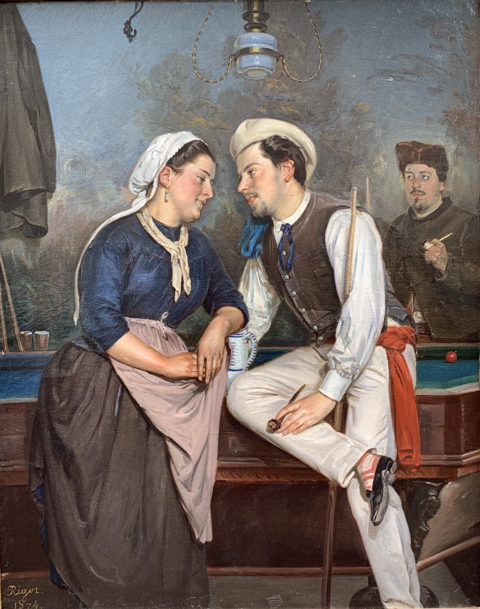 Scene Galante Dans Un Cafe, Huile Sur Toile Signée Rigot Et Datée 1874
